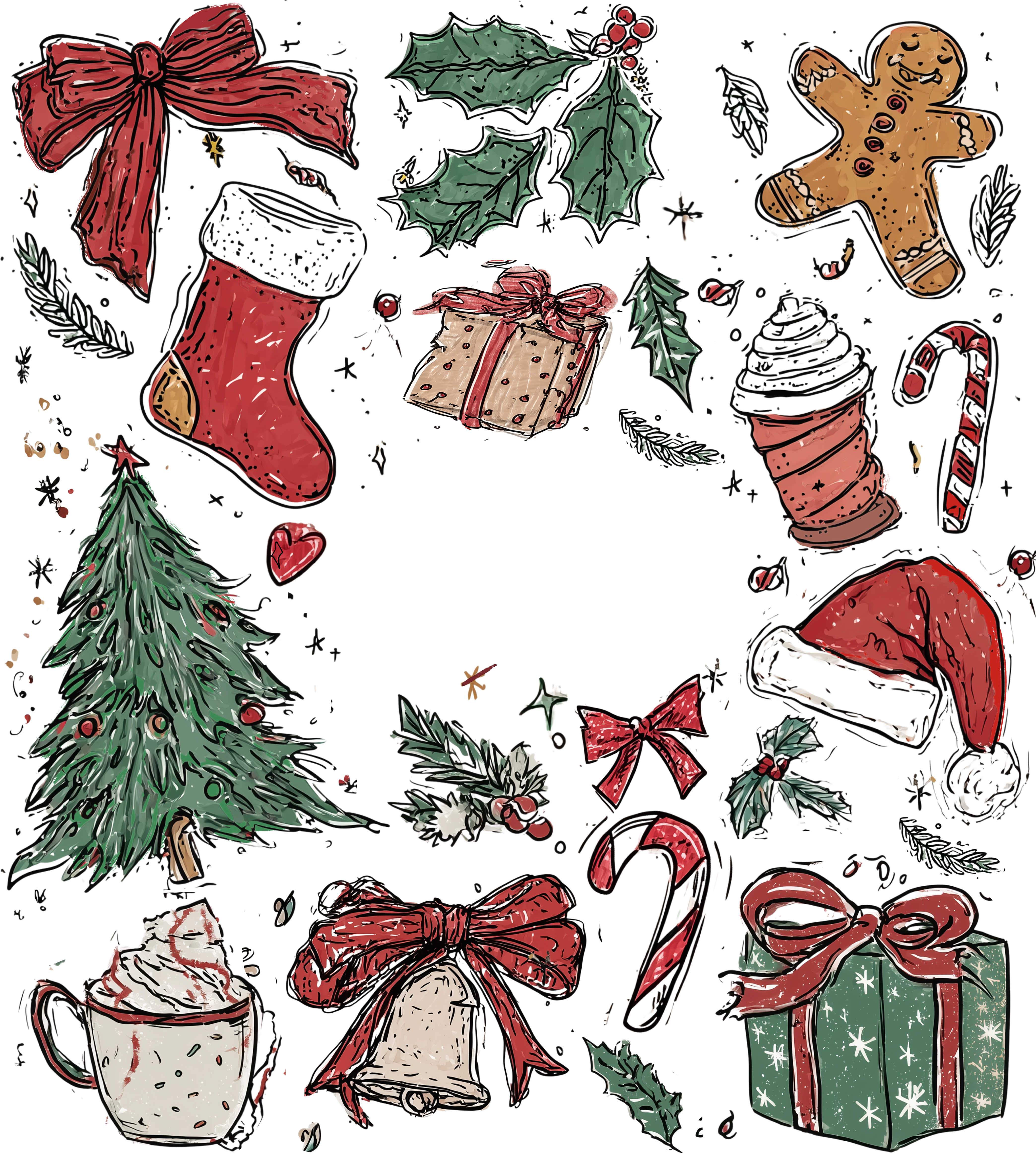 Retro Hand-Drawn Christmas Collage - Christmas Ready to Press DTF Transfer