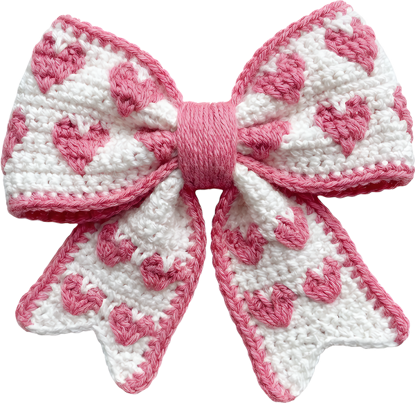 Faux Yarn Crochet Pink Heart Bow - Valentines Day Ready to Press DTF Transfer