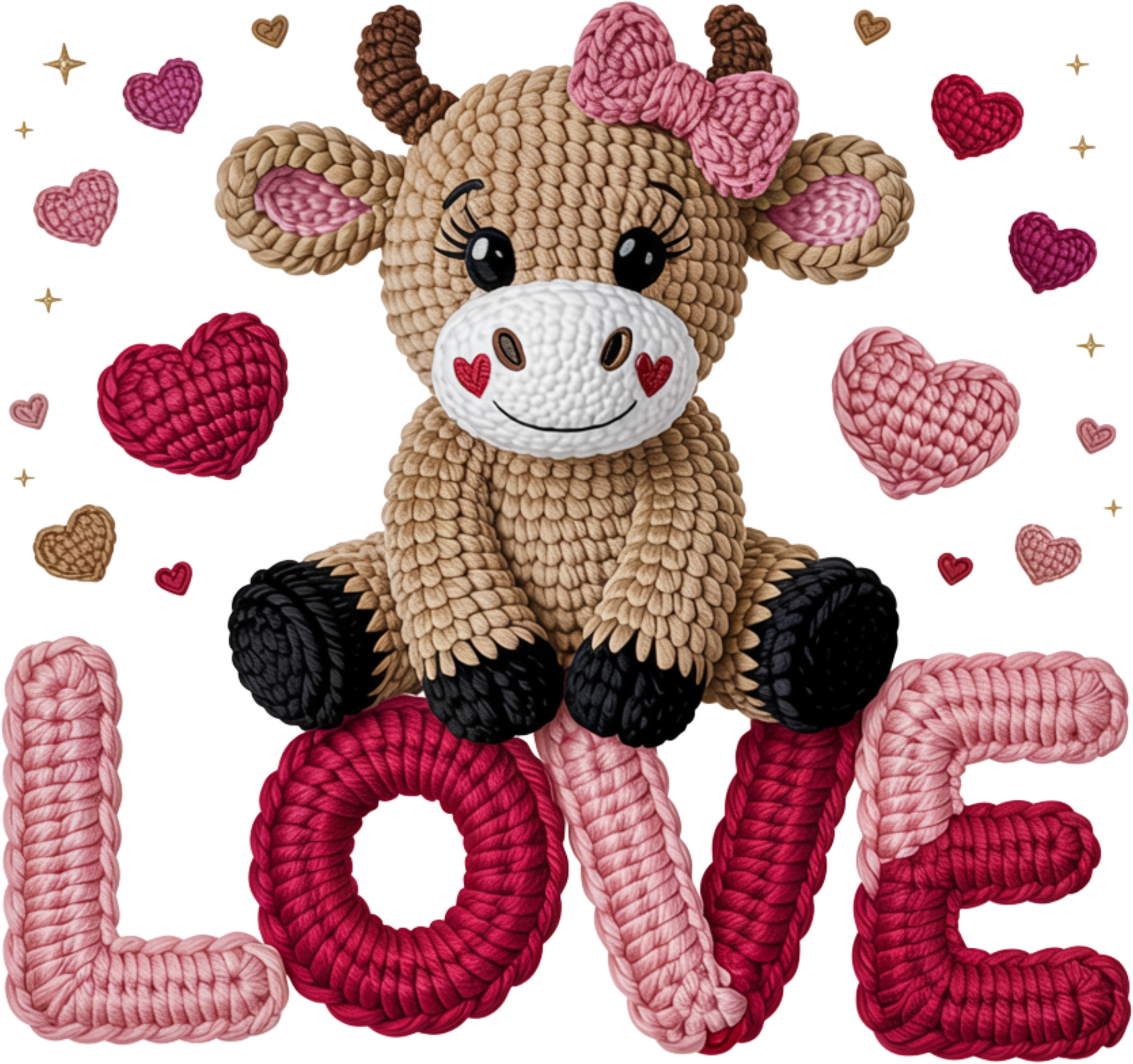 Faux Yarn Crochet Cow Love - Valentines Day Ready to Press DTF Transfer