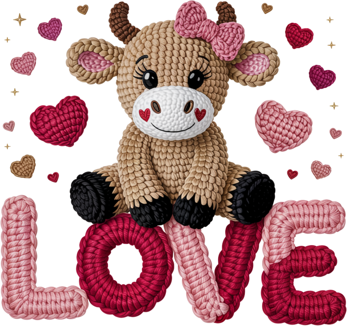 Faux Yarn Crochet Cow Love - Valentines Day Ready to Press DTF Transfer