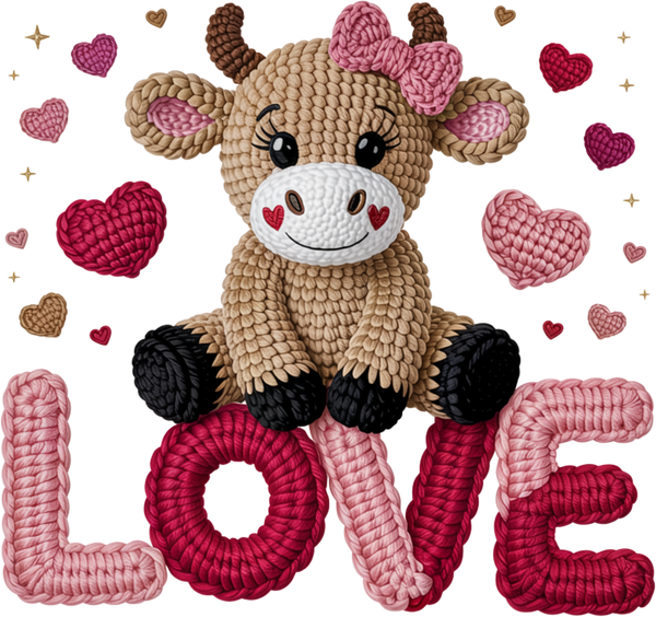 Faux Yarn Crochet Cow Love - Valentines Day Ready to Press DTF Transfer
