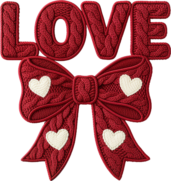 Faux Yarn Crochet Red Love Bow - Valentines Day Ready to Press DTF Transfer