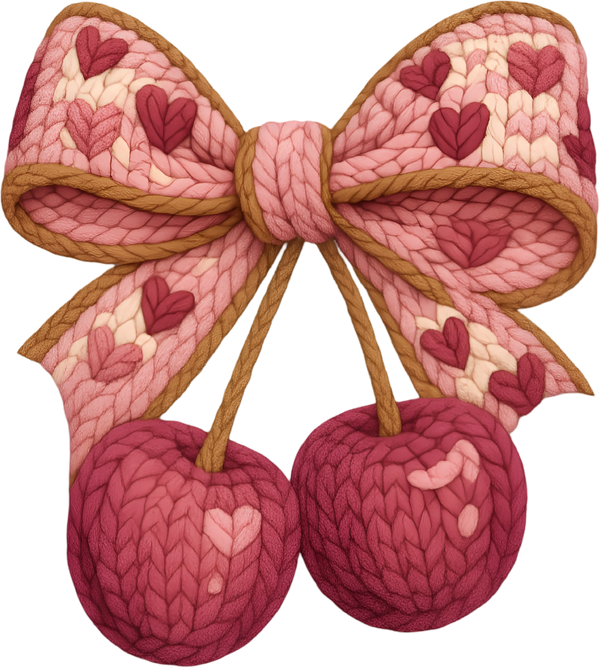 Faux Yarn Crochet Valentine Bow Cherry - Valentines Day Ready to Press DTF Transfer