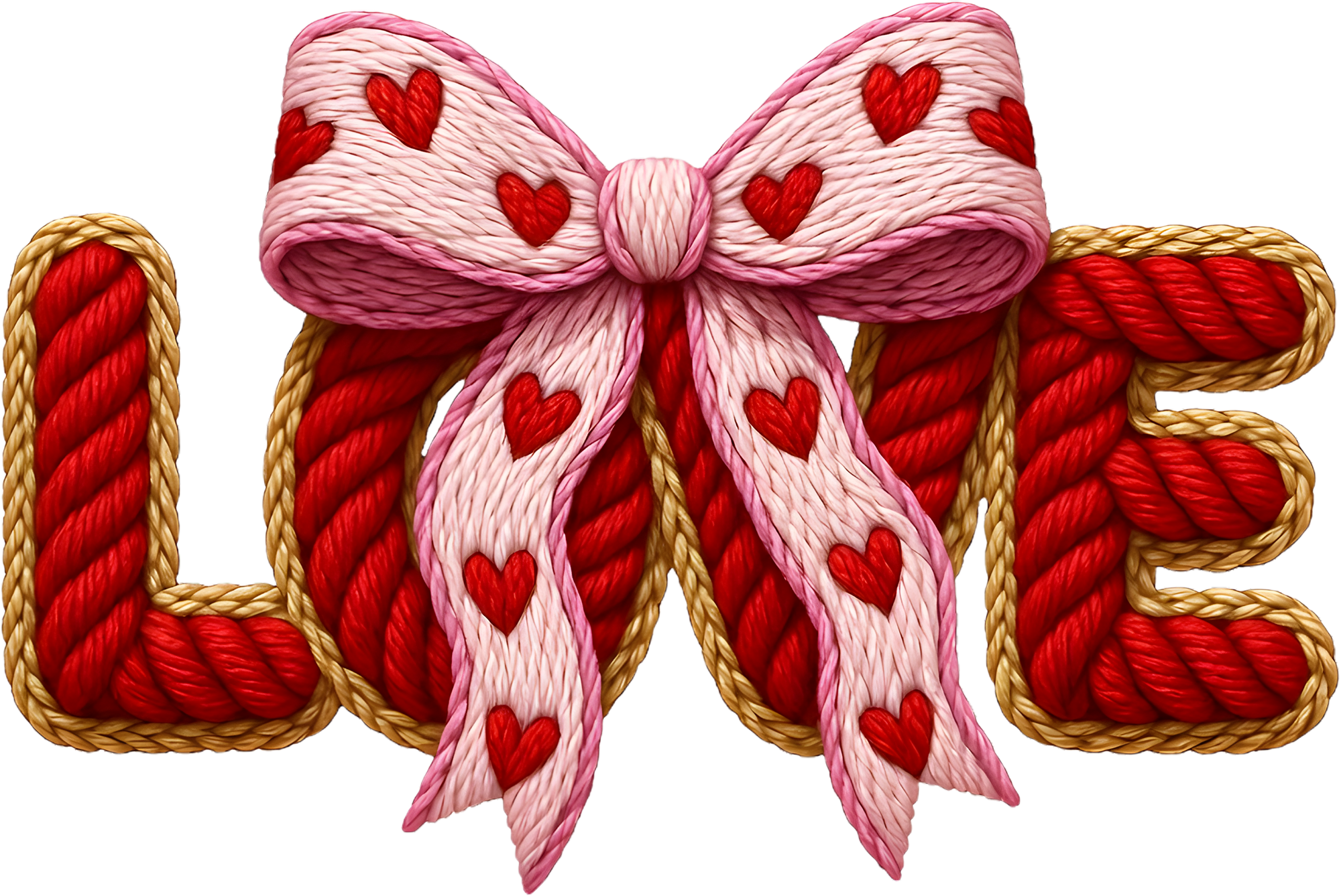 Faux Yarn Crochet Valentine Bow Love - Valentines Day Ready to Press DTF Transfer