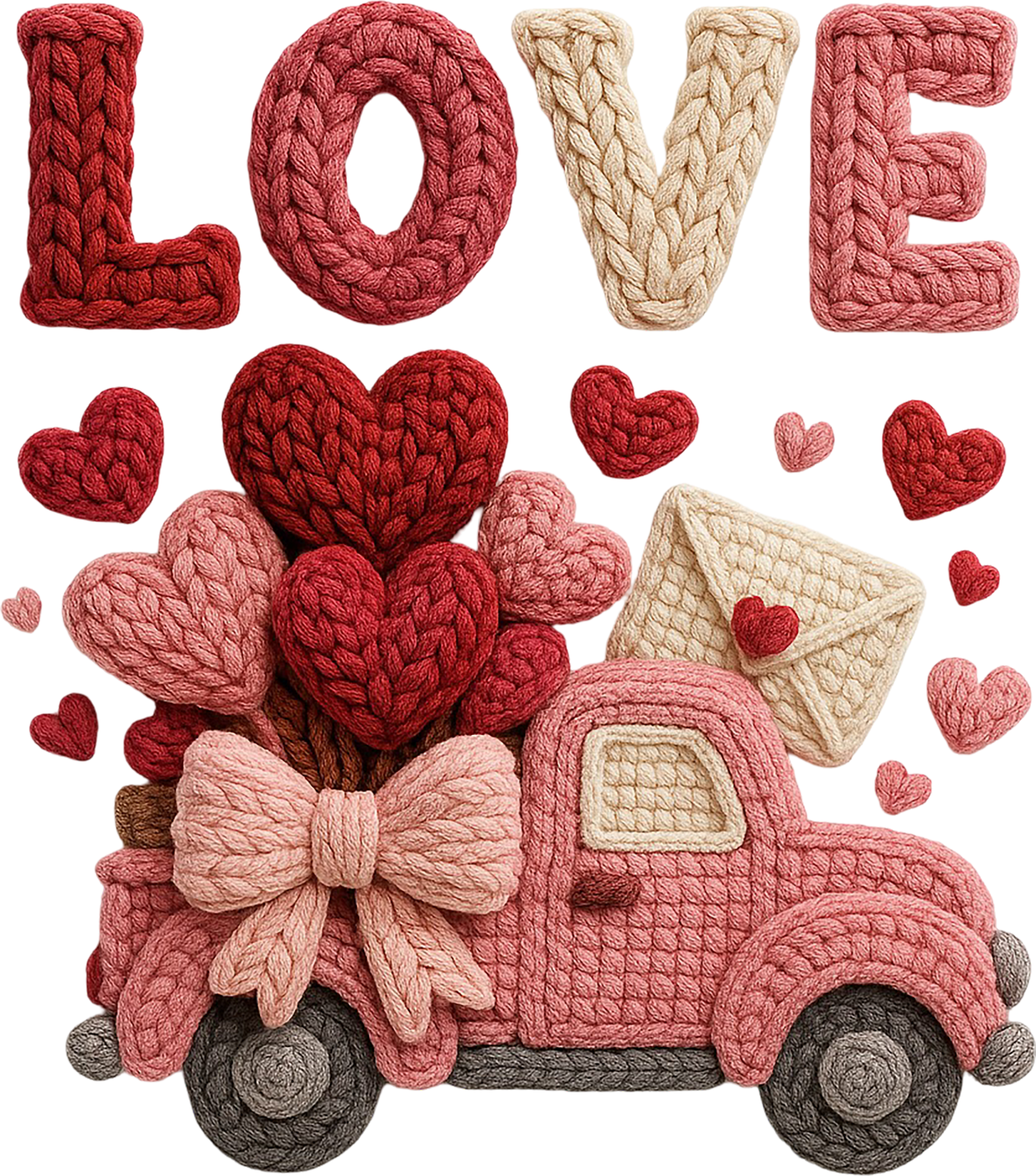 Faux Yarn Crochet Valentine Love Car - Valentines Day Ready to Press DTF Transfer