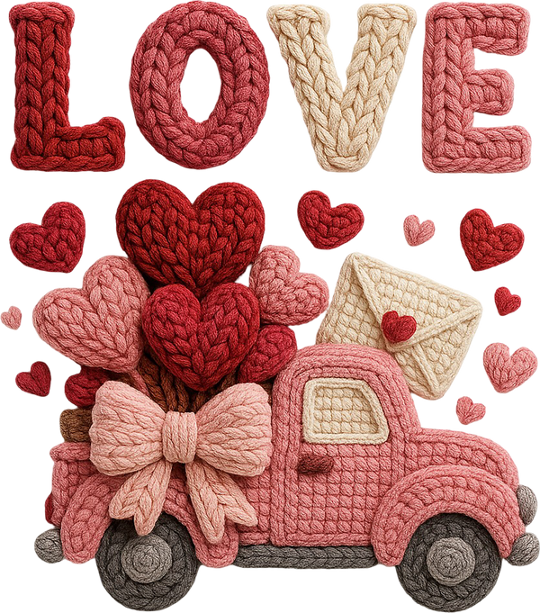 Faux Yarn Crochet Valentine Love Car - Valentines Day Ready to Press DTF Transfer