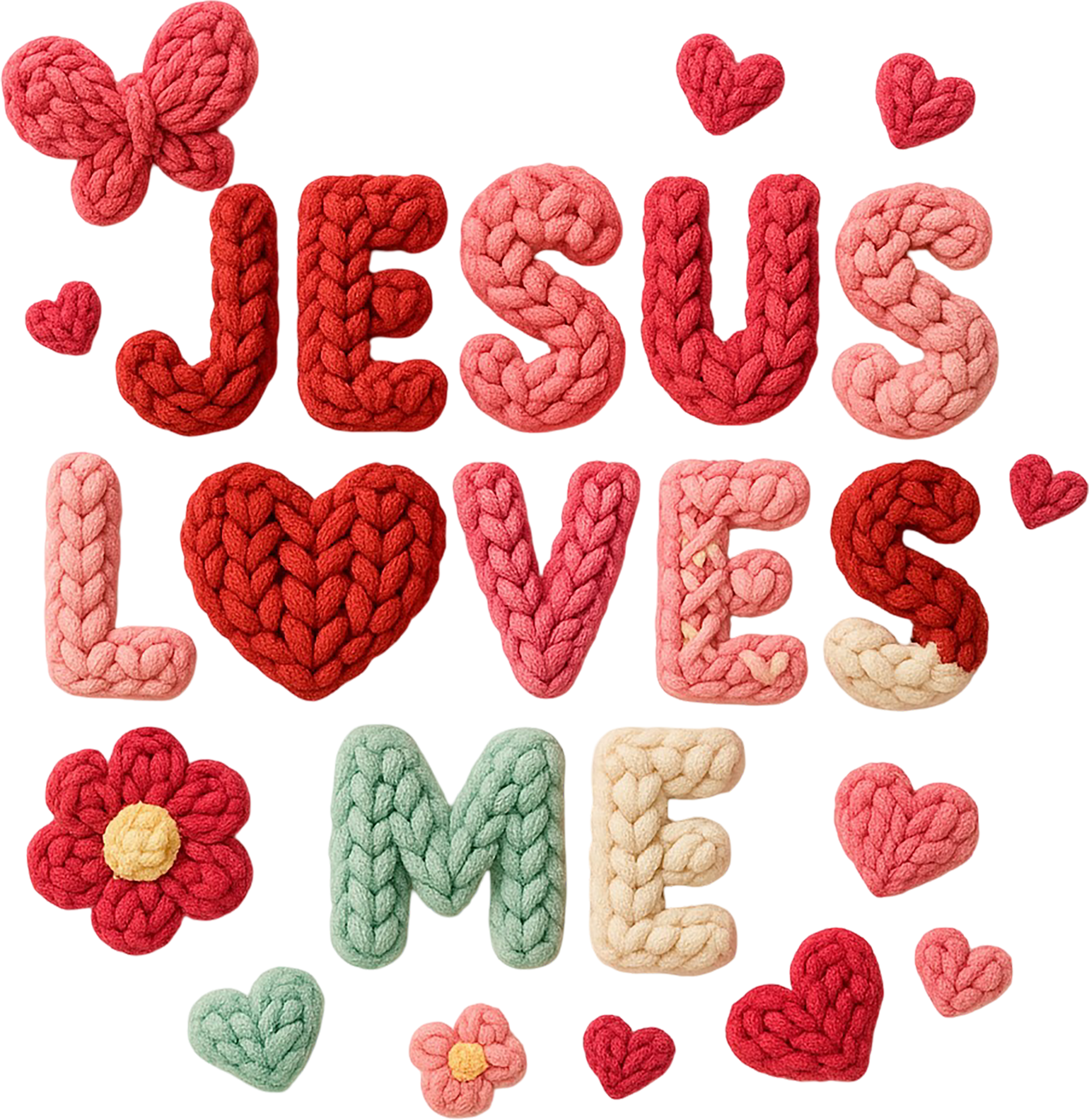 Faux Yarn Crochet Valentine Jesus Loves Me - Valentines Day Ready to Press DTF Transfer