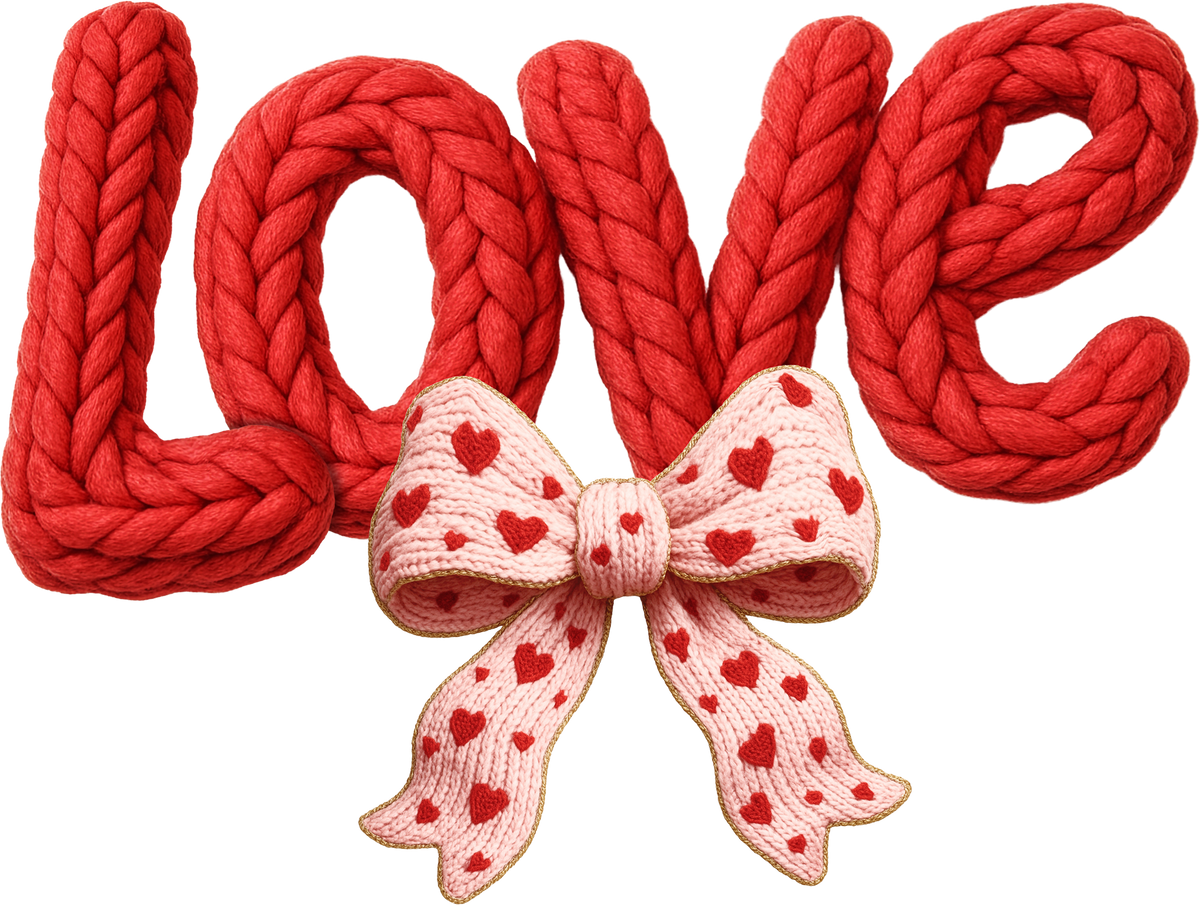 Faux Yarn Crochet Valentine Love Bow - Valentines Day Ready to Press DTF Transfer