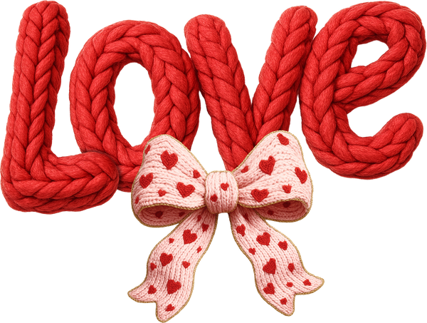 Faux Yarn Crochet Valentine Love Bow - Valentines Day Ready to Press DTF Transfer