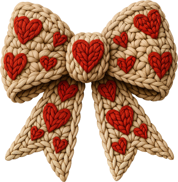 Faux Yarn Crochet Valentine Heart Bow - Valentines Day Ready to Press DTF Transfer