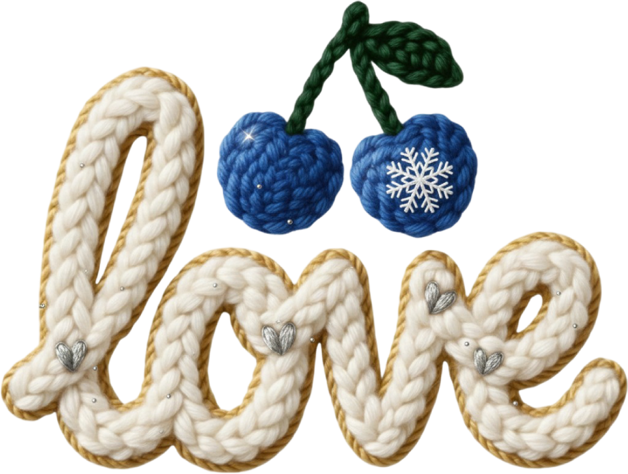 Faux Yarn Crochet Blue Cherry Love - Valentines Day Ready to Press DTF Transfer