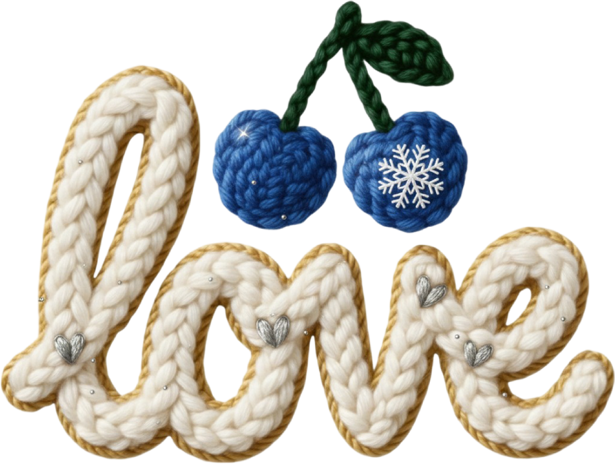 Faux Yarn Crochet Blue Cherry Love - Valentines Day Ready to Press DTF Transfer