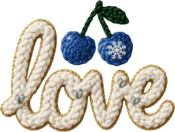 Faux Yarn Crochet Blue Cherry Love - Valentines Day Ready to Press DTF Transfer