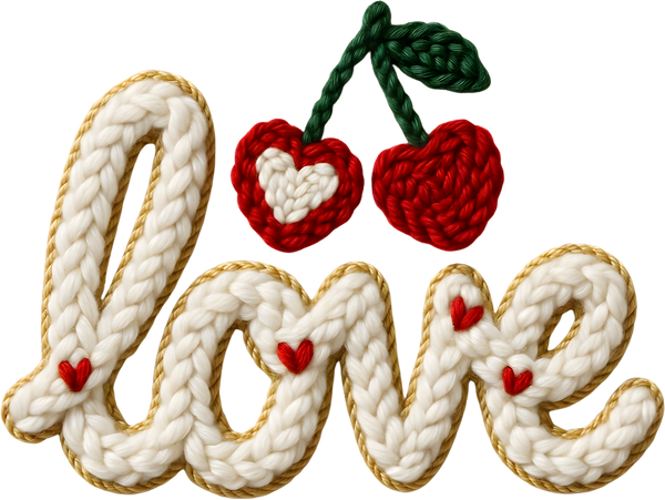 Faux Yarn Crochet Red Cherry Love - Valentines Day Ready to Press DTF Transfer
