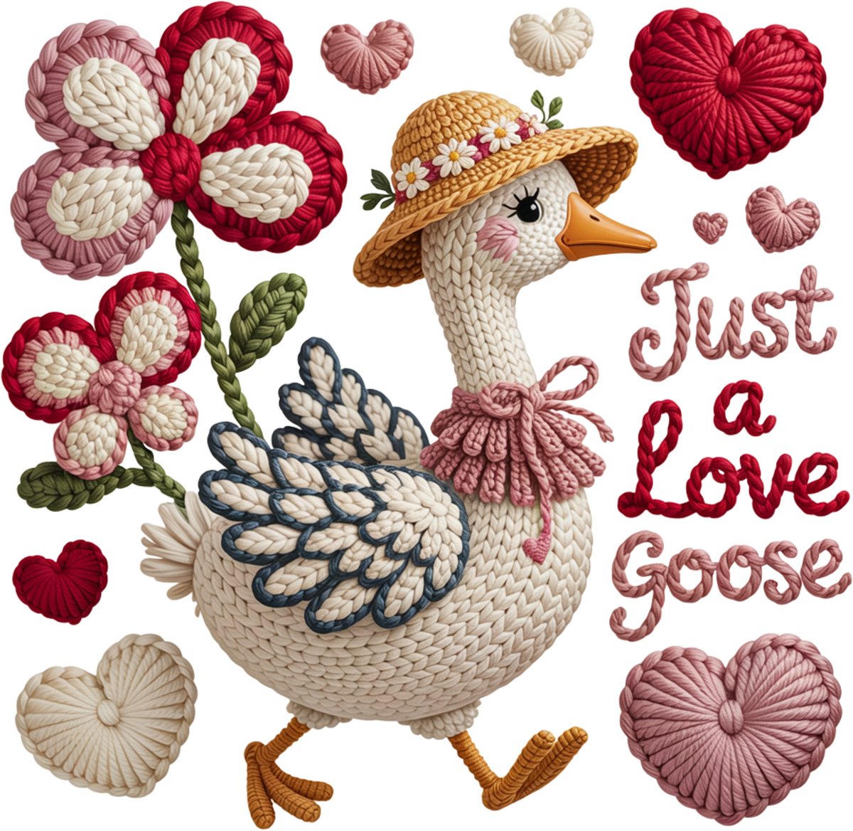 Faux Yarn Crochet Just A Love Goose - Valentines Day Ready to Press DTF Transfer