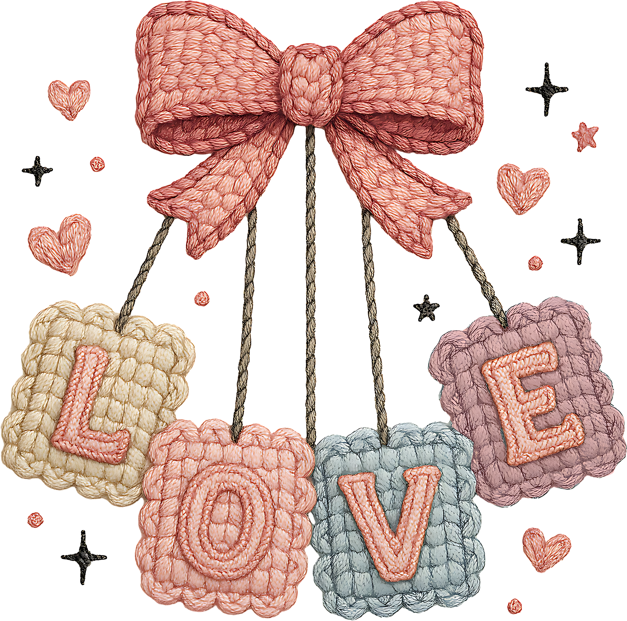 Faux Yarn Crochet Bow Love Pastel Color - Valentines Day Ready to Press DTF Transfer