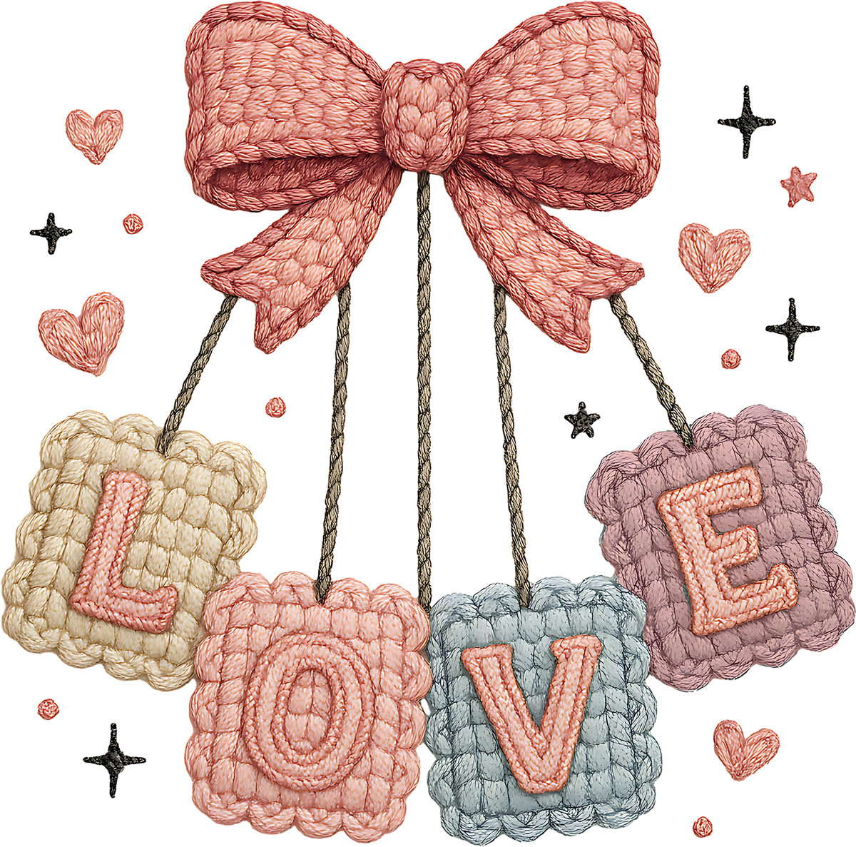 Faux Yarn Crochet Bow Love Pastel Color - Valentines Day Ready to Press DTF Transfer