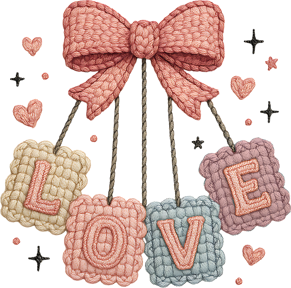 Faux Yarn Crochet Bow Love Pastel Color - Valentines Day Ready to Press DTF Transfer