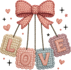 Faux Yarn Crochet Bow Love Pastel Color - Valentines Day Ready to Press DTF Transfer