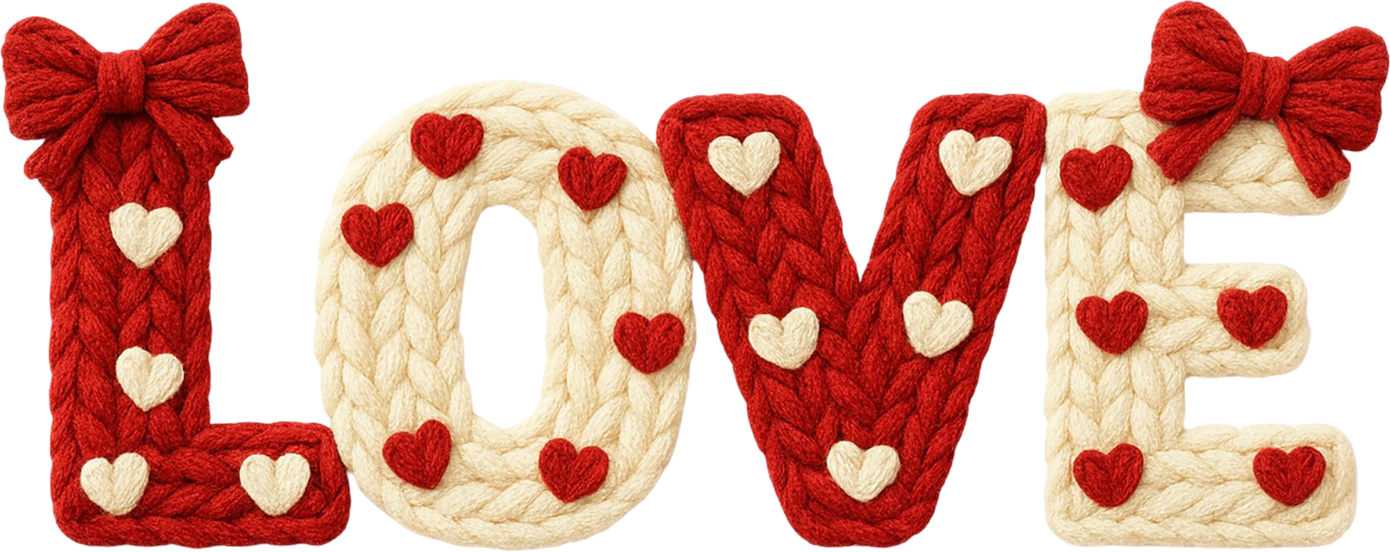 Faux Yarn Crochet Valentine Red Love Bow - Valentines Day Ready to Press DTF Transfer