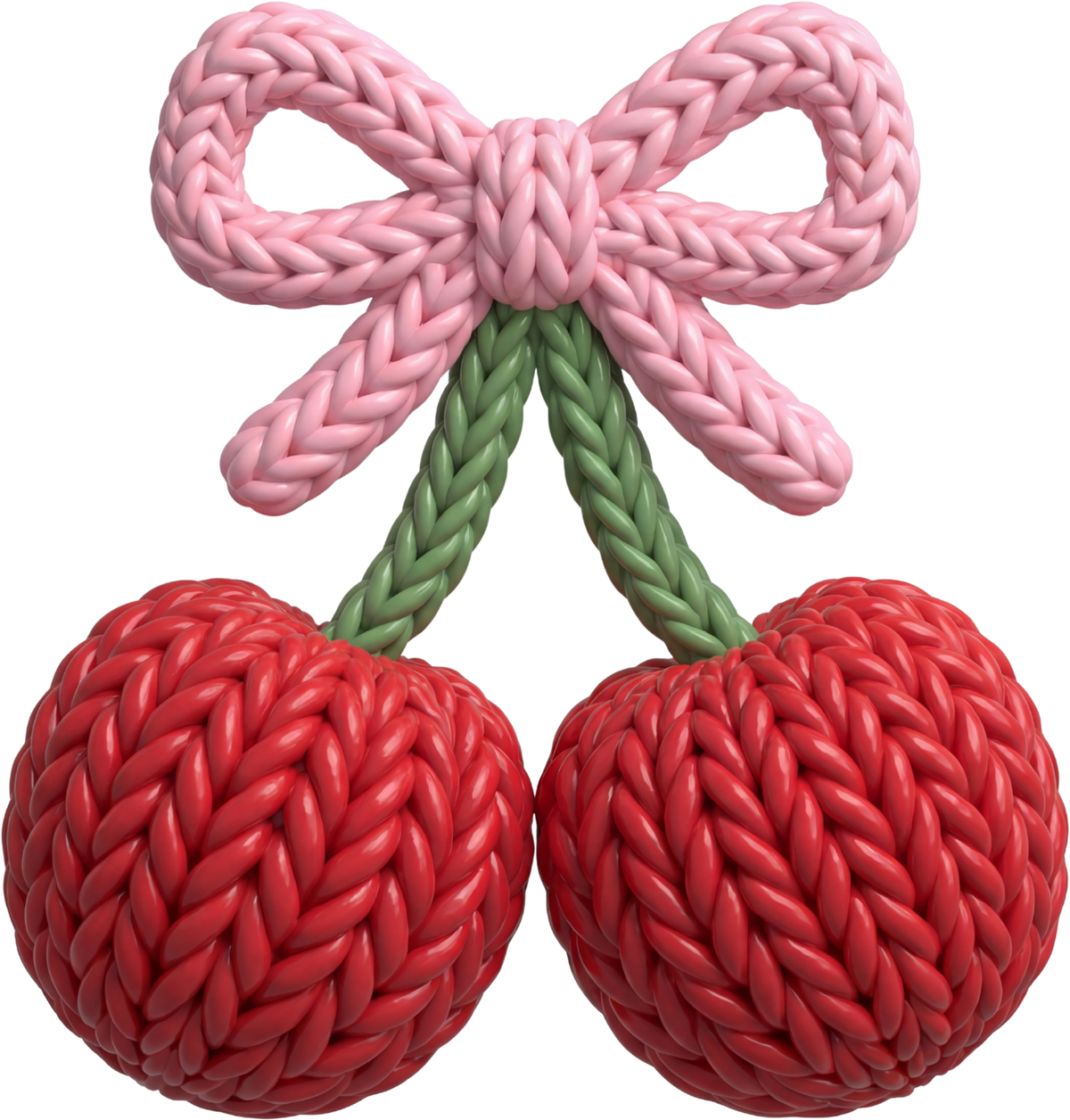 Faux Yarn Crochet Pink Bow Red Cherry - Valentines Day Ready to Press DTF Transfer