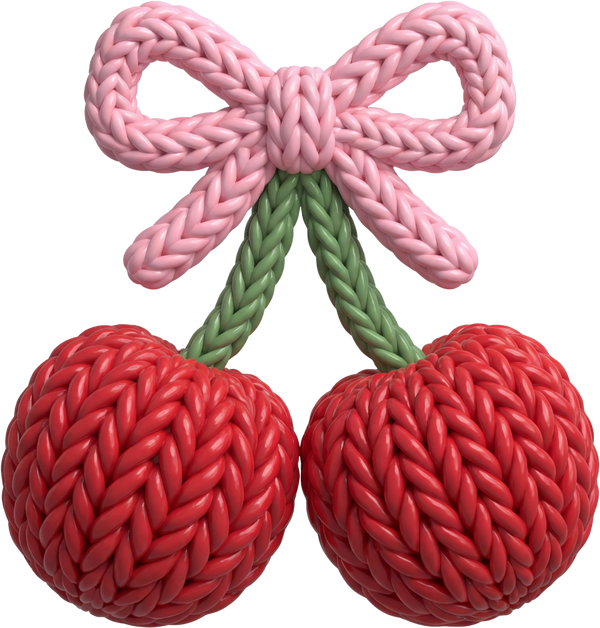 Faux Yarn Crochet Pink Bow Red Cherry - Valentines Day Ready to Press DTF Transfer
