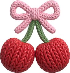 Faux Yarn Crochet Pink Bow Red Cherry - Valentines Day Ready to Press DTF Transfer