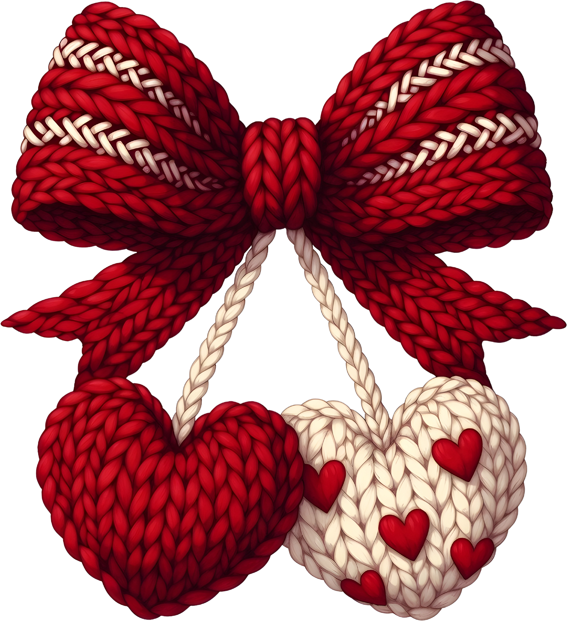 Faux Yarn Crochet Red Bow Cherry Hearts - Valentines Day Ready to Press DTF Transfer