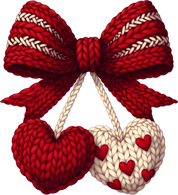 Faux Yarn Crochet Red Bow Cherry Hearts - Valentines Day Ready to Press DTF Transfer