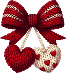 Faux Yarn Crochet Red Bow Cherry Hearts - Valentines Day Ready to Press DTF Transfer