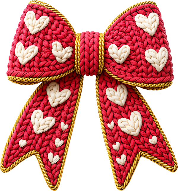 Faux Yarn Crochet Valentine Heart Red Bow - Valentines Day Ready to Press DTF Transfer