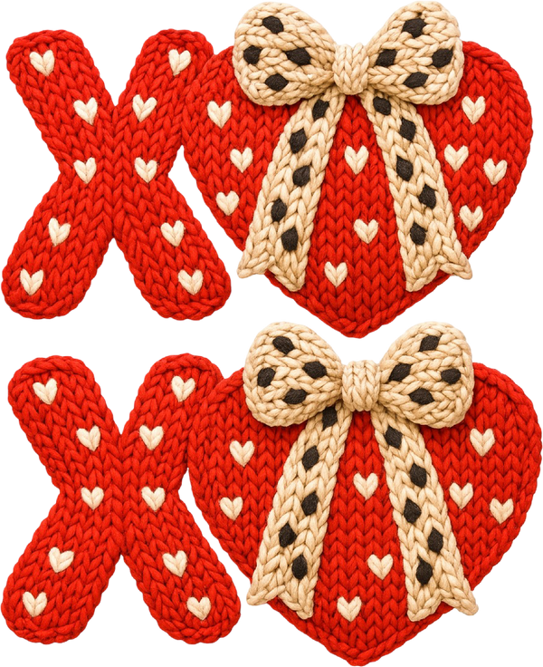 Faux Yarn Crochet Valentine Bow Heart Xoxo - Valentines Day Ready to Press DTF Transfer