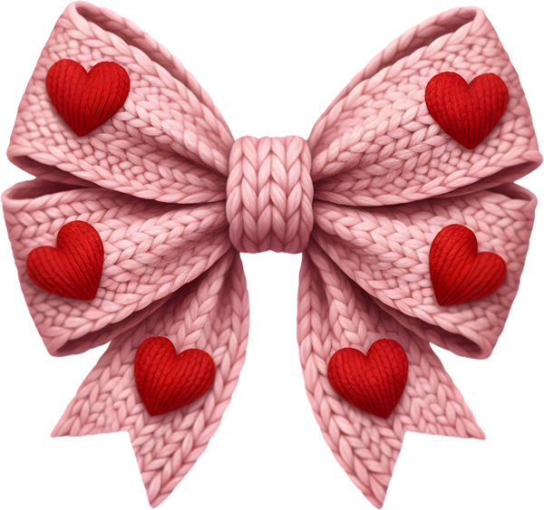 Faux Yarn Crochet Red Heart Pink Bow - Valentines Day Ready to Press DTF Transfer