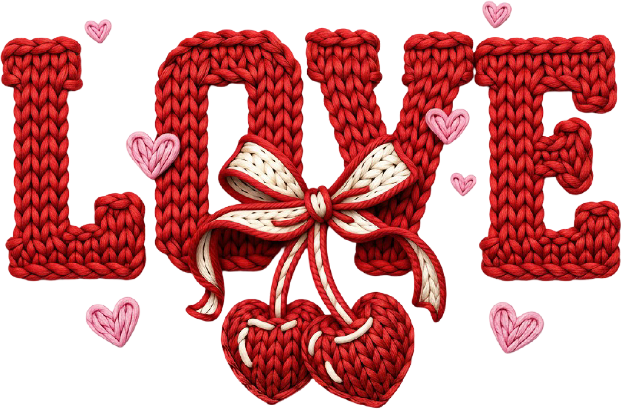 Faux Yarn Crochet Red Cherry Love - Valentines Day Ready to Press DTF Transfer
