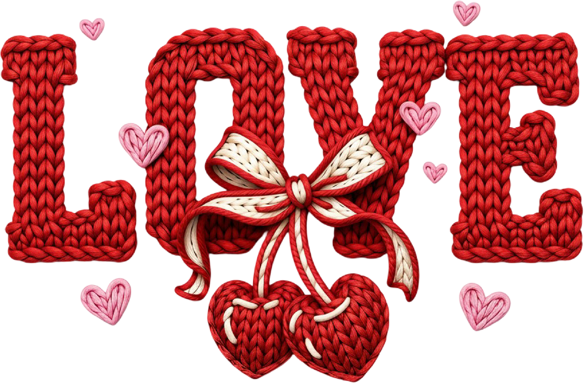 Faux Yarn Crochet Red Cherry Love - Valentines Day Ready to Press DTF Transfer
