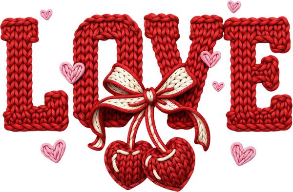 Faux Yarn Crochet Red Cherry Love - Valentines Day Ready to Press DTF Transfer