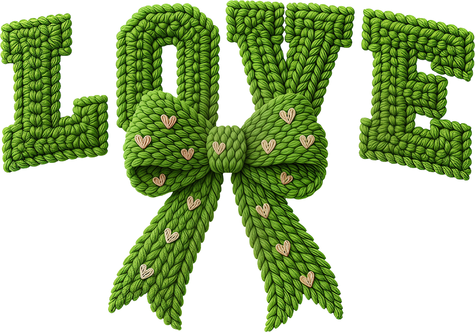 Faux Yarn Crochet Valentine Green Bow Love - Valentines Day Ready to Press DTF Transfer