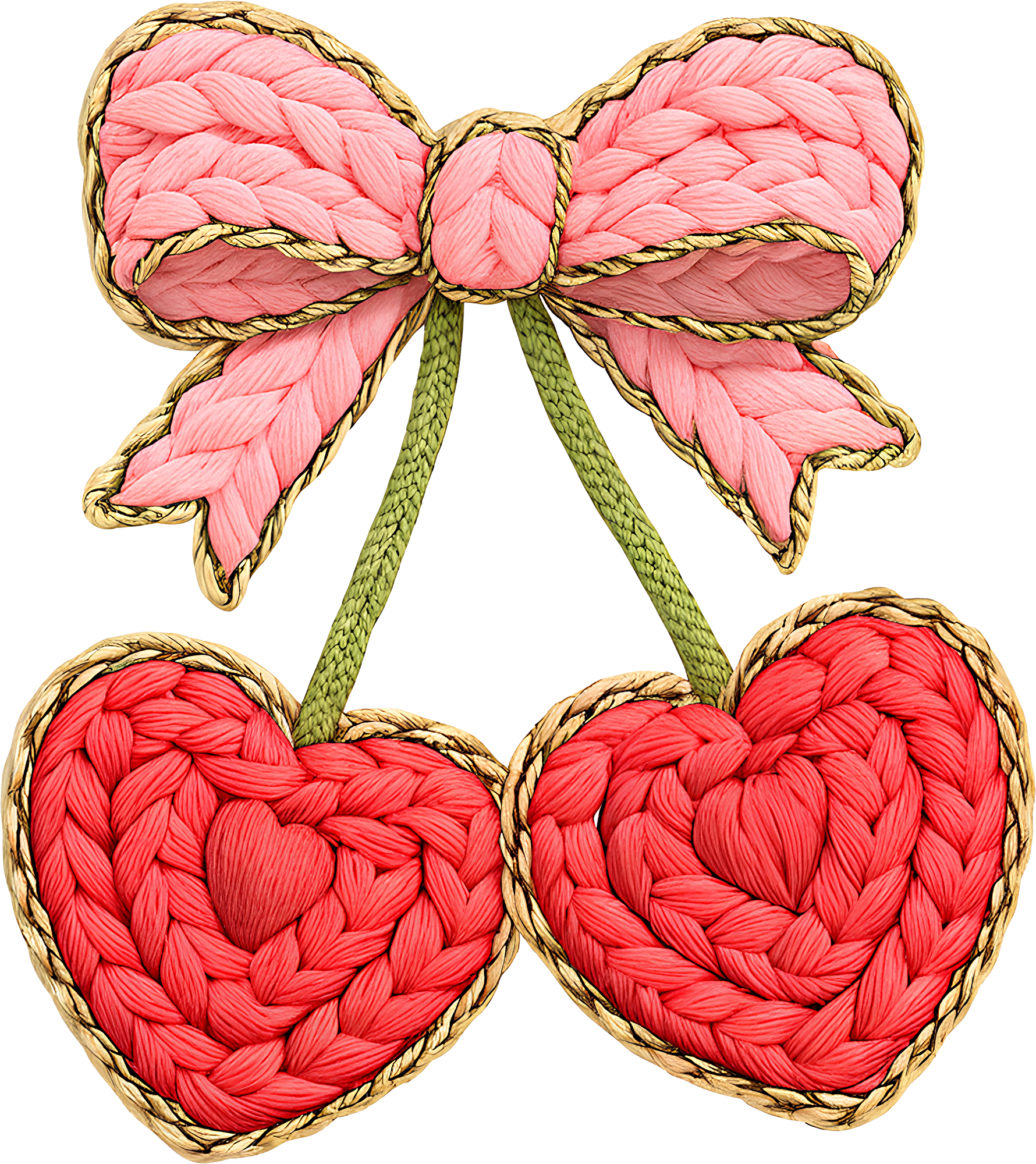 Faux Yarn Crochet Pink Bow Cherry - Valentines Day Ready to Press DTF Transfer