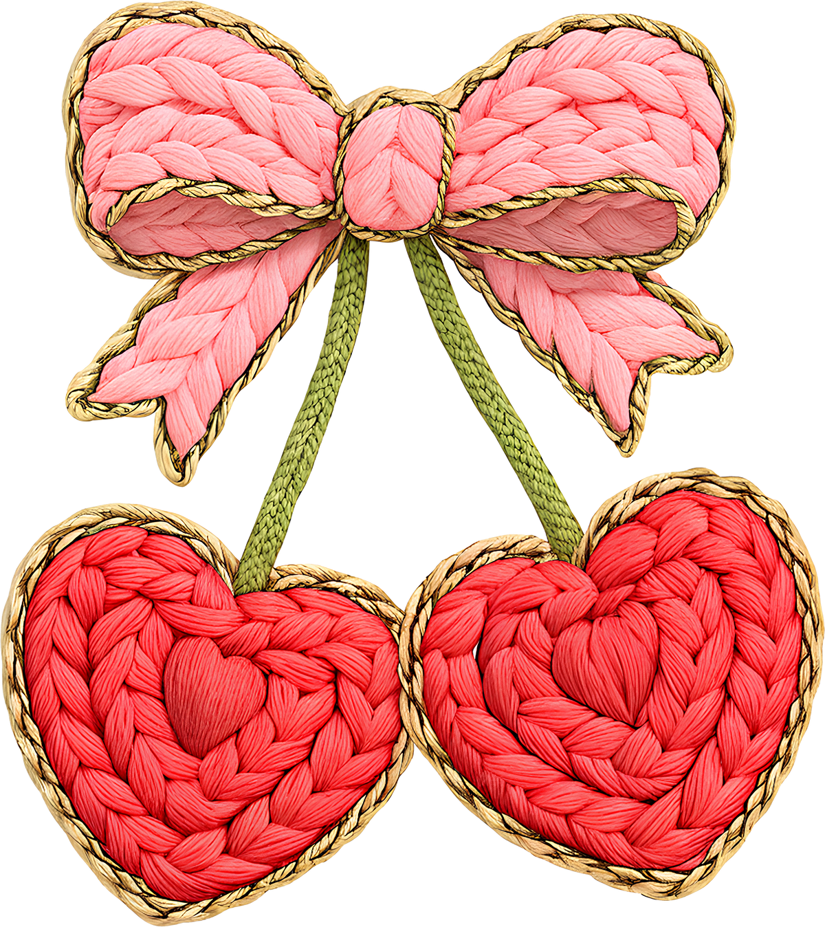 Faux Yarn Crochet Pink Bow Cherry - Valentines Day Ready to Press DTF Transfer