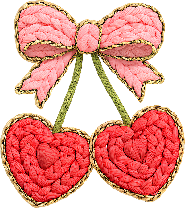 Faux Yarn Crochet Pink Bow Cherry - Valentines Day Ready to Press DTF Transfer