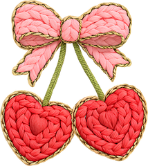 Faux Yarn Crochet Pink Bow Cherry - Valentines Day Ready to Press DTF Transfer