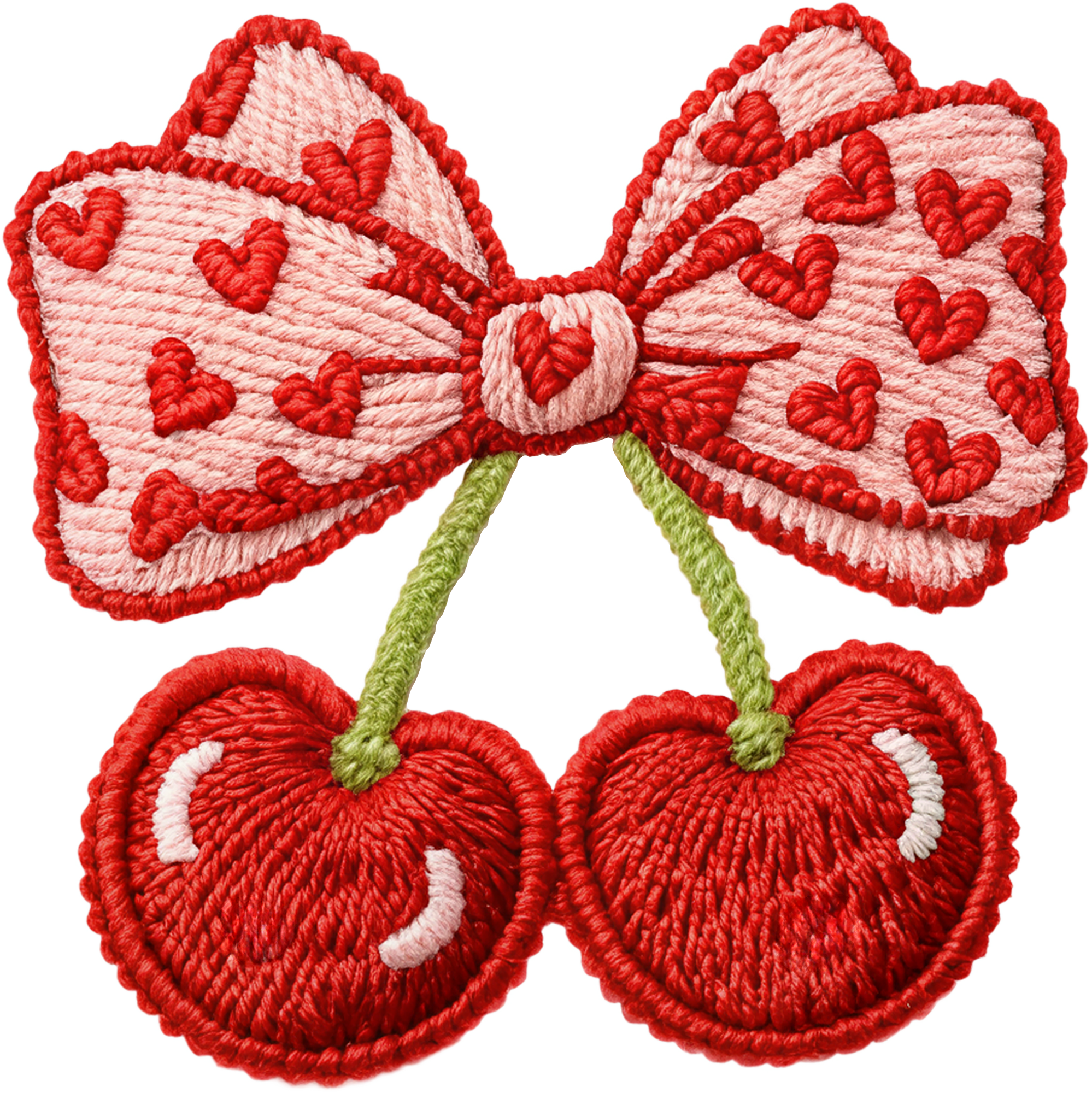 Latch Hook Faux Yarn Cherry Bow - Valentines Day Ready to Press DTF Transfer