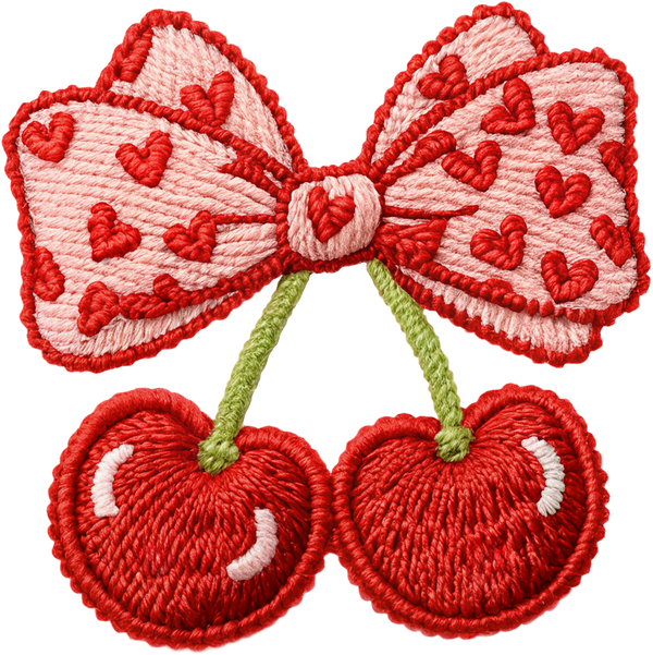 Latch Hook Faux Yarn Cherry Bow - Valentines Day Ready to Press DTF Transfer