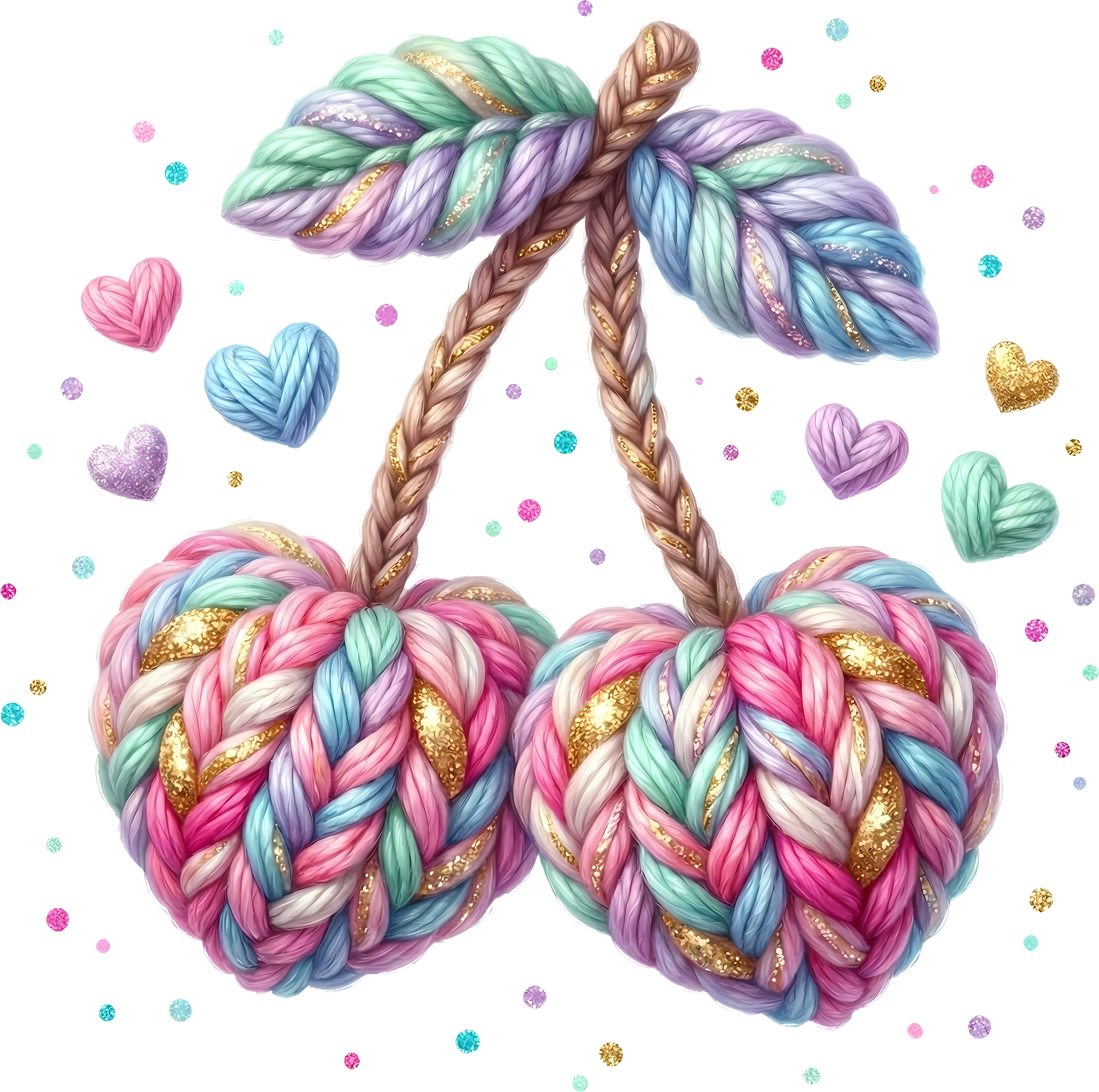 Faux Yarn Crochet Valentine Heart Cherry - Valentines Day Ready to Press DTF Transfer