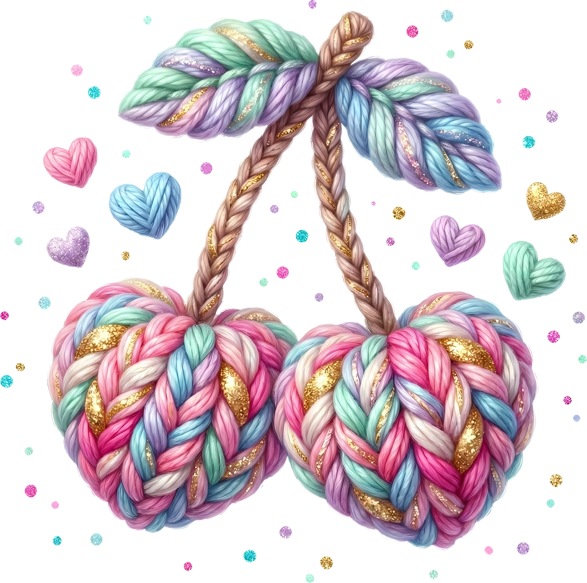 Faux Yarn Crochet Valentine Heart Cherry - Valentines Day Ready to Press DTF Transfer