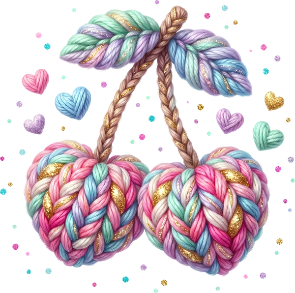 Faux Yarn Crochet Valentine Heart Cherry - Valentines Day Ready to Press DTF Transfer