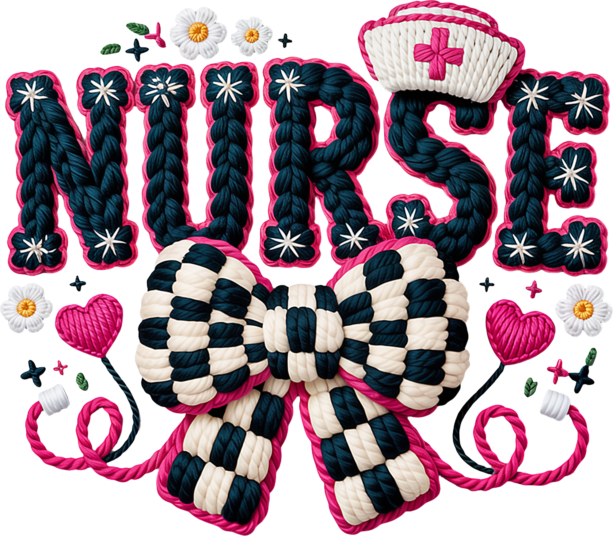 Faux Yarn Crochet Valentine Bow Nurse - Valentines Day Ready to Press DTF Transfer