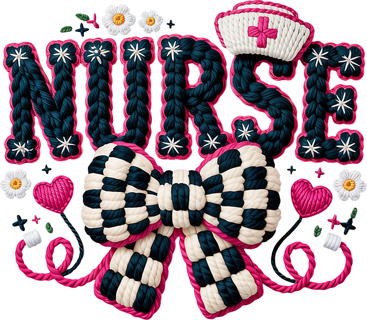 Faux Yarn Crochet Valentine Bow Nurse - Valentines Day Ready to Press DTF Transfer