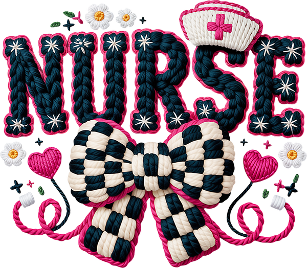 Faux Yarn Crochet Valentine Bow Nurse - Valentines Day Ready to Press DTF Transfer