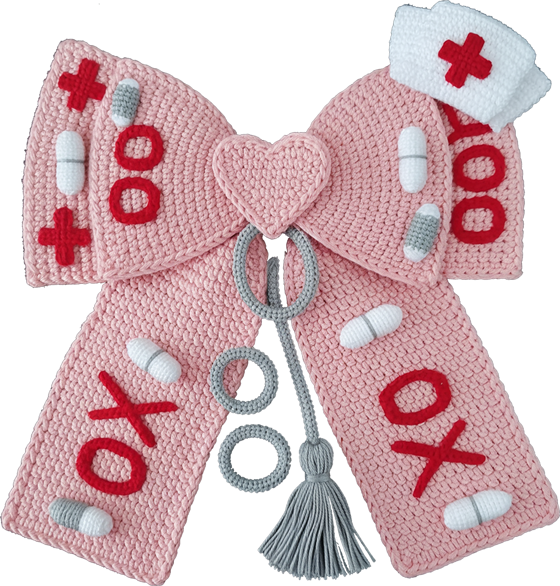 Faux Yarn Crochet Nurse Xoxo Pink Bow - Valentines Day Ready to Press DTF Transfer